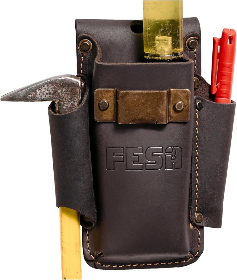 fesa Small Leather Tool Pouch - 4-in-1 Heavy Top Grain Leather Small Tool Pouch with a Tape Measure Holder, 3 Pockets & Reinforced Heavy Duty Rivets - Fits Belts up to 3" - Handcrafted - Image 1